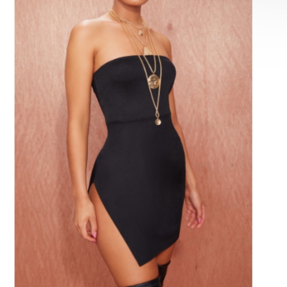 Worn Once PrettyLittle Thing Black Crepe Split Side Bandeau Bodycon Dress Size 2